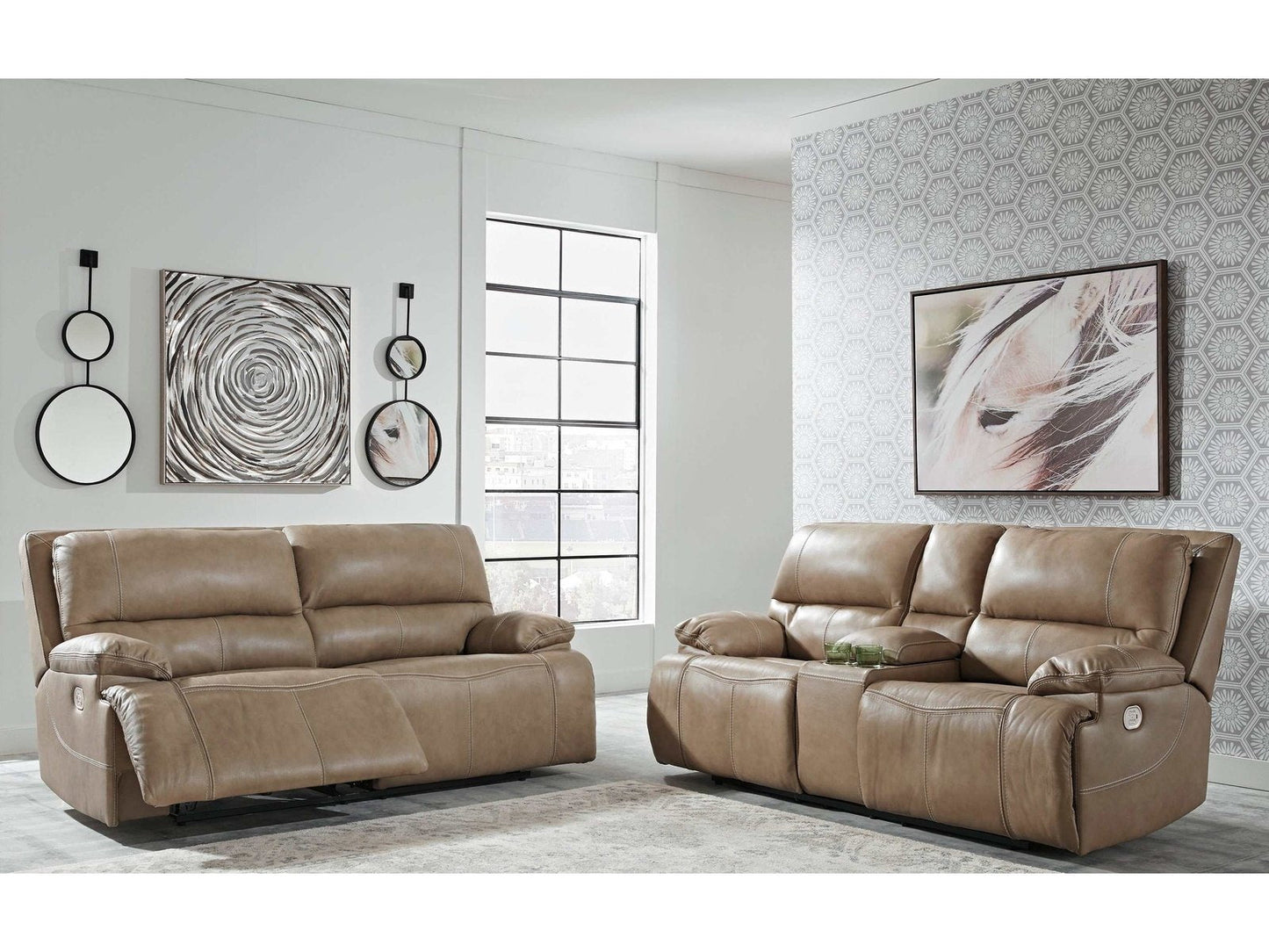 Ricmen Putty Power Reclining Sofa & Loveseat w/ Console (2pc)