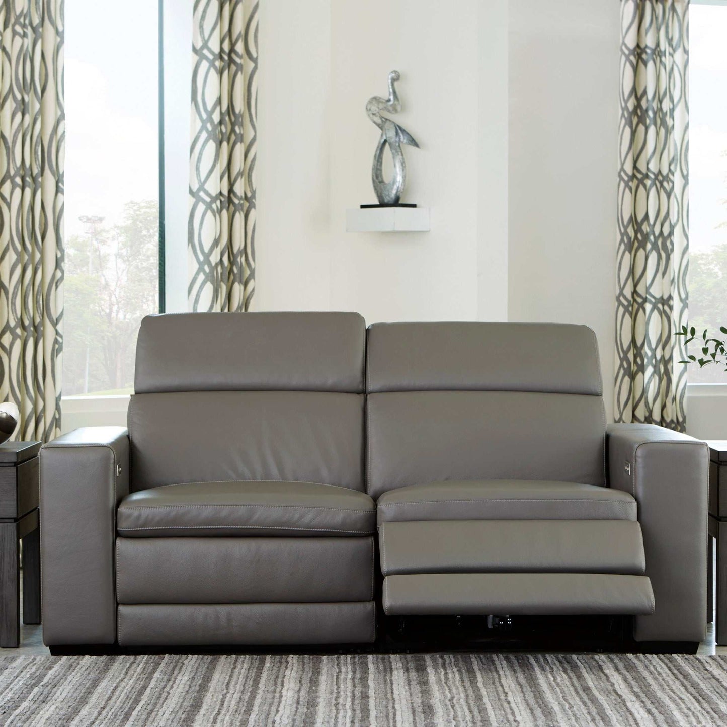 Texline Gray Leather Power Reclining Sectional Loveseat