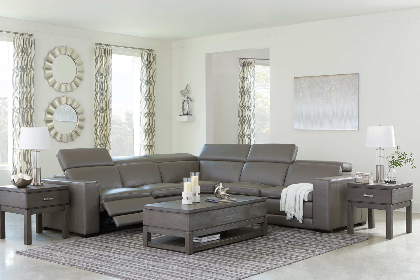 Texline Gray Leather Power Reclining Symmetrical Corner Sectional