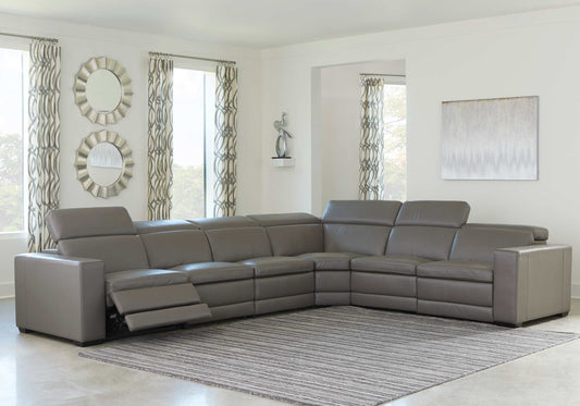 Texline Gray Leather Power Reclining 7-Piece Corner Sectional