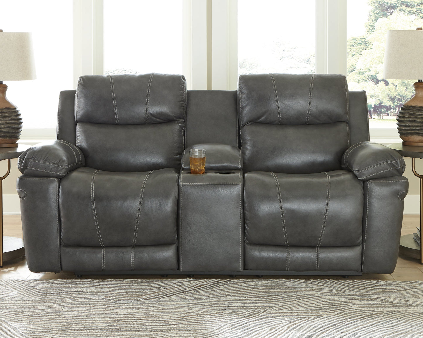 Edmar Charcoal Power Reclining Loveseat with Console