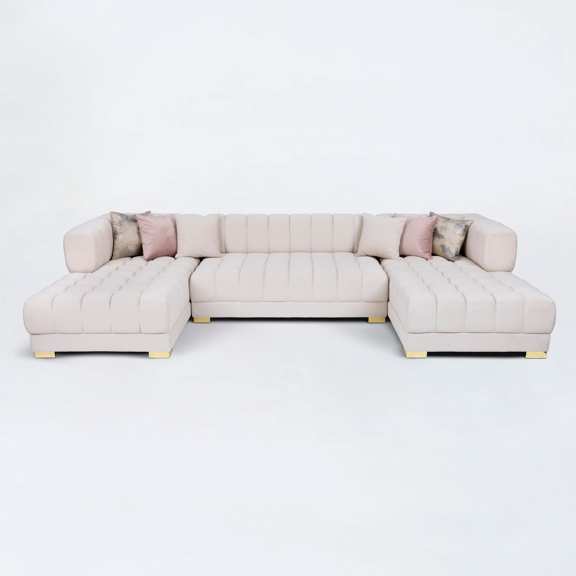 Lipa Ivory Velvet Double Chaise "U" Shape Sectional Sofa - Ornate Home