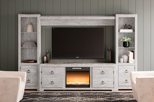 Willowton Whitewash 4-Piece Entertainment Center with Electric Fireplace