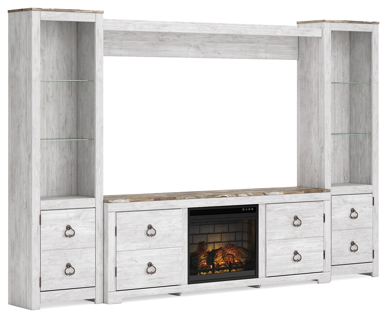 Willowton Whitewash 4-Piece Entertainment Center with Electric Fireplace