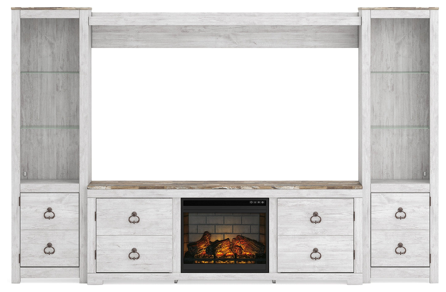 Willowton Whitewash 4-Piece Entertainment Center with Electric Fireplace