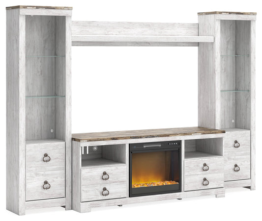 Willowton Whitewash 4-Piece Entertainment Center with Electric Fireplace