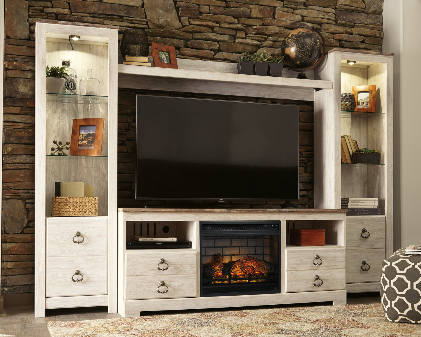 Willowton Whitewash 4-Piece Entertainment Center with Electric Fireplace