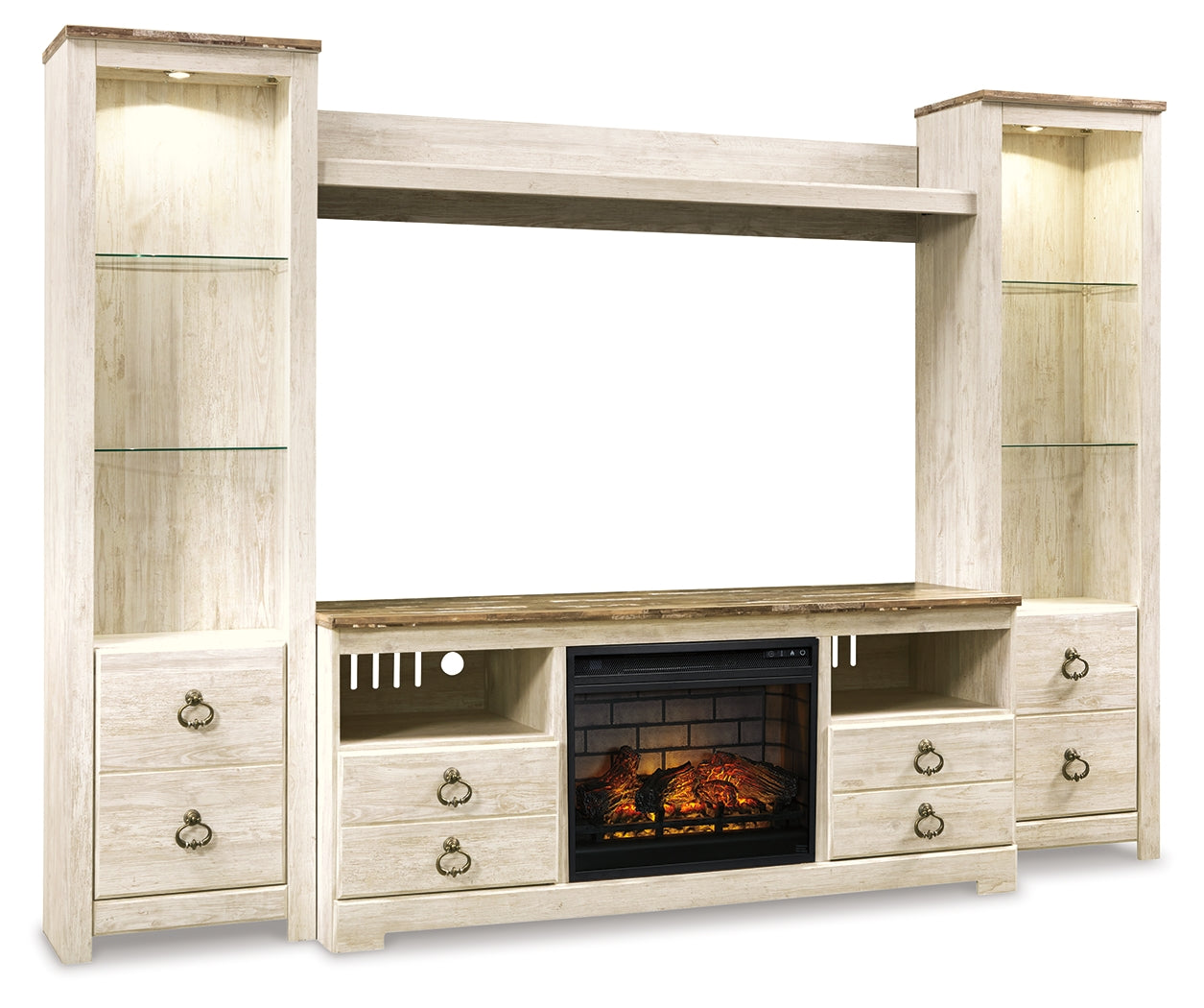 Willowton Whitewash 4-Piece Entertainment Center with Electric Fireplace