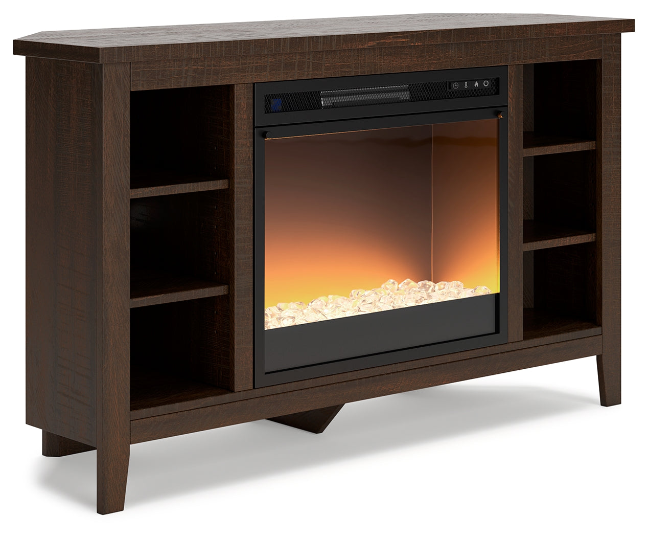 Camiburg Warm Brown Corner TV Stand with Electric Fireplace