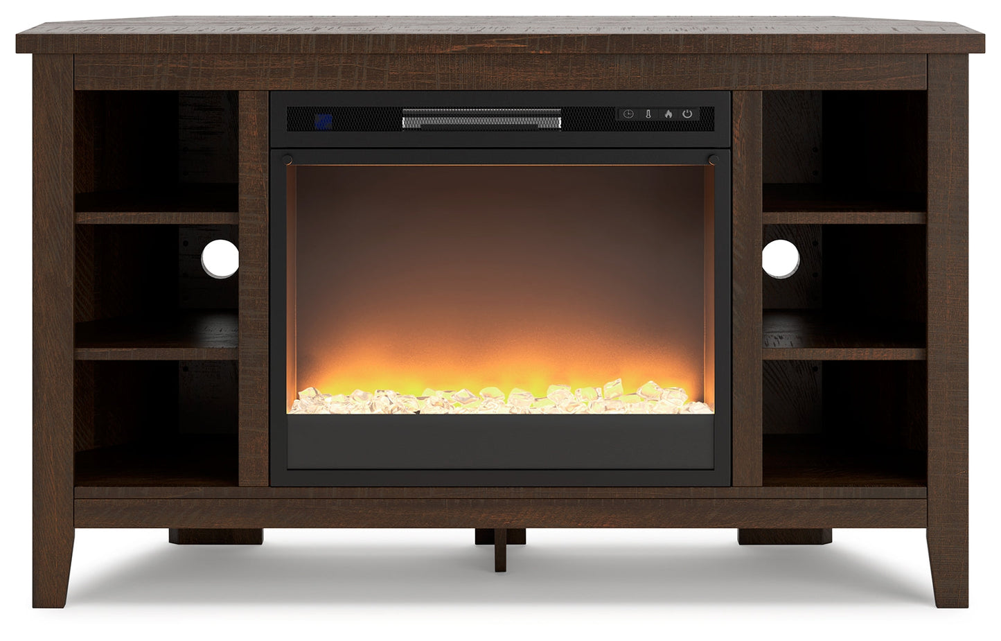 Camiburg Warm Brown Corner TV Stand with Electric Fireplace