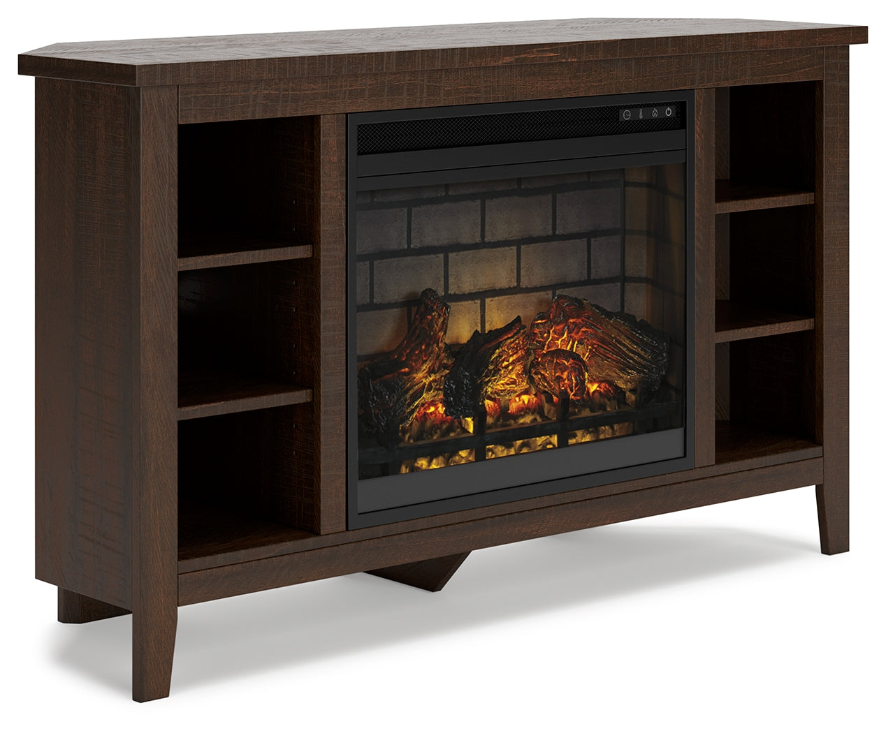 Camiburg Warm Brown Corner TV Stand with Electric Fireplace