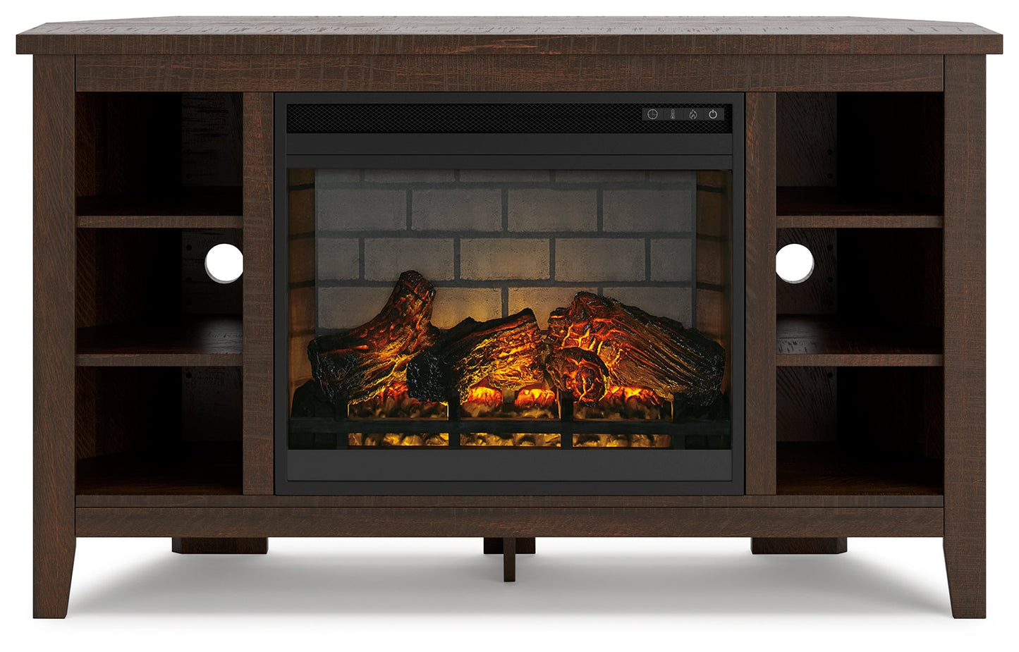 Camiburg Warm Brown Corner TV Stand with Electric Fireplace