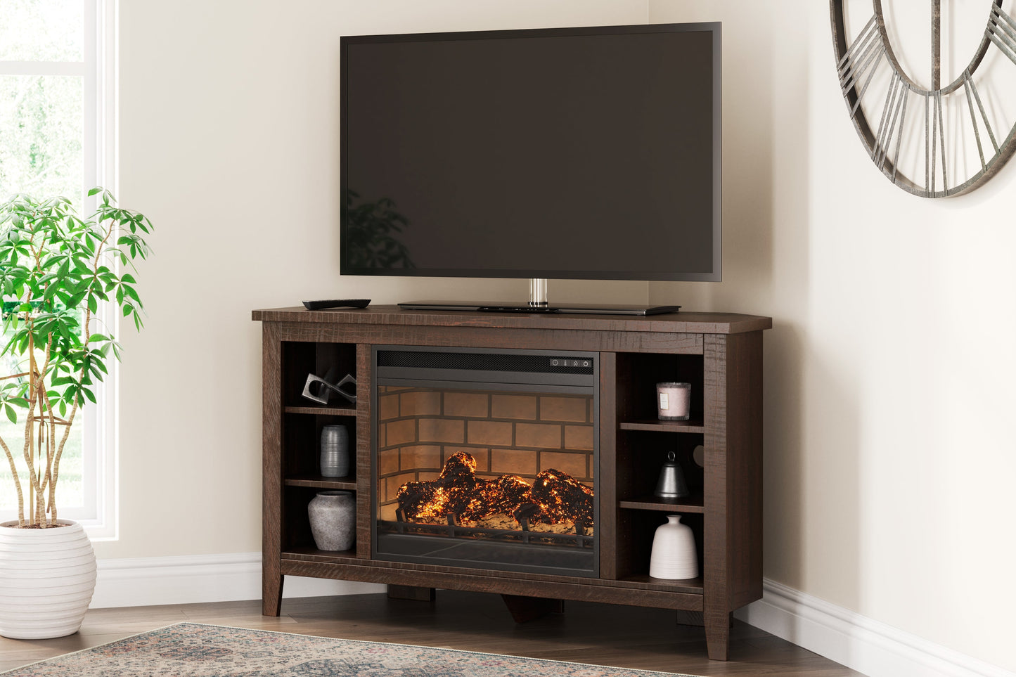 Camiburg Warm Brown Corner TV Stand with Electric Fireplace