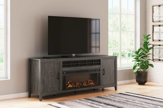 Montillan Grayish Brown 84" TV Stand w/ Electric Fireplace Insert