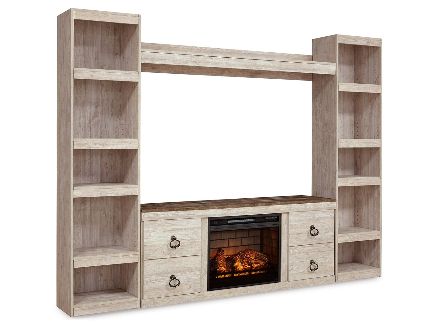 Willowton Whitewash 4-Piece Entertainment Center w/Electric Fireplace- Viva Furn