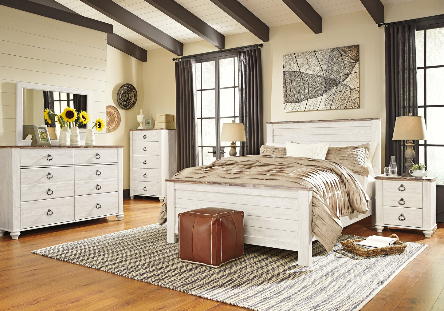 Willowton Whitewash Queen Panel Bed- Viva Furn