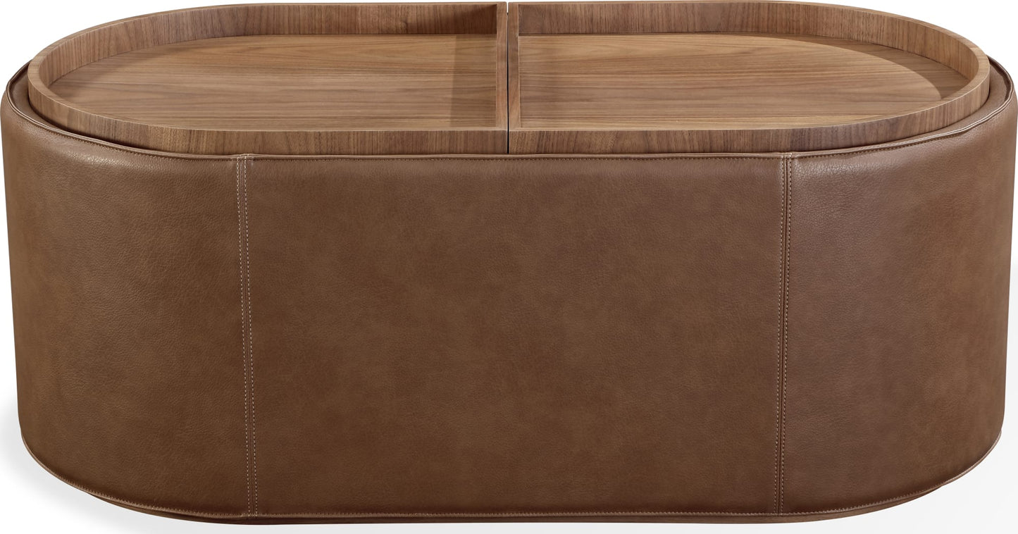 Yeal Sahara Leather Upholstered Storage Coffee Table with Wooden Tray Top and Casters - Ornate Home