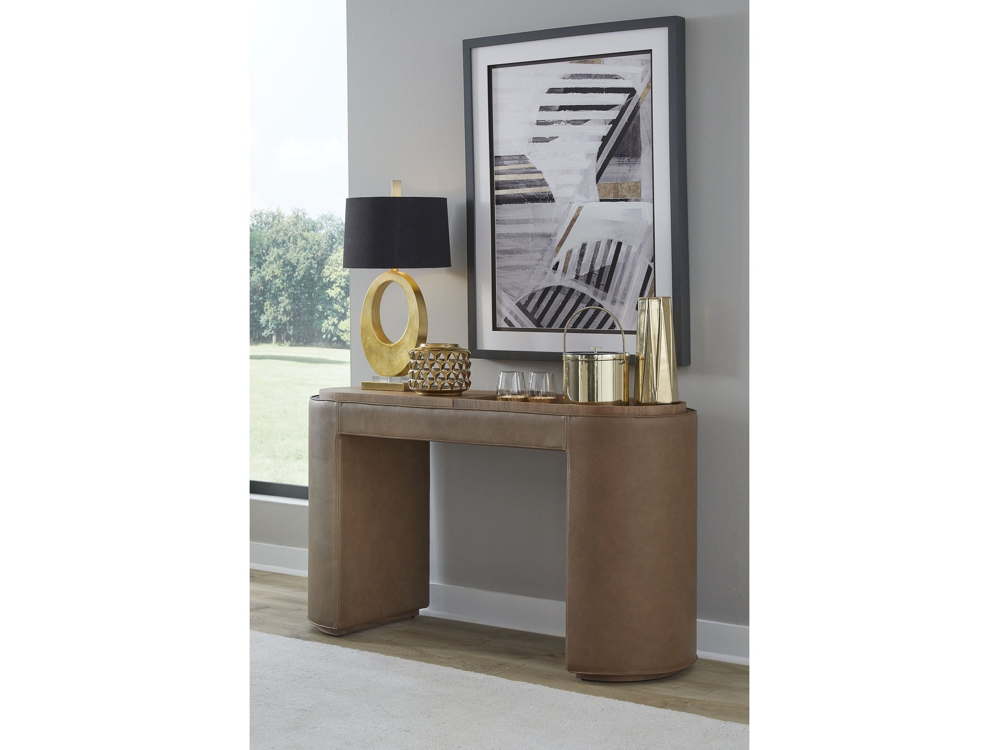 Yeal Sahara Leather Upholstered Storage Console Table with Wooden Tray Top - Ornate Home