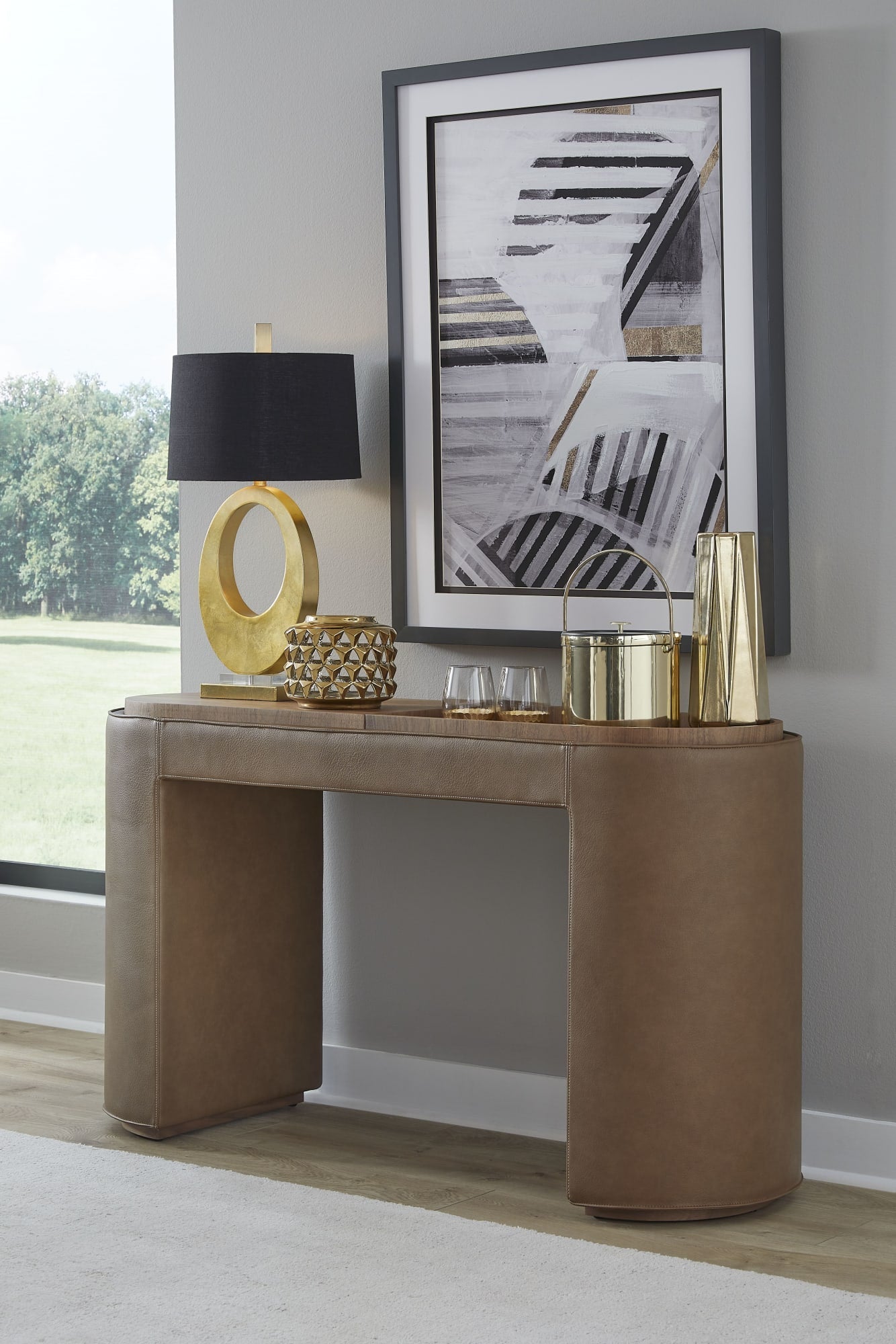 Yeal Sahara Leather Upholstered Storage Console Table with Wooden Tray Top - Ornate Home