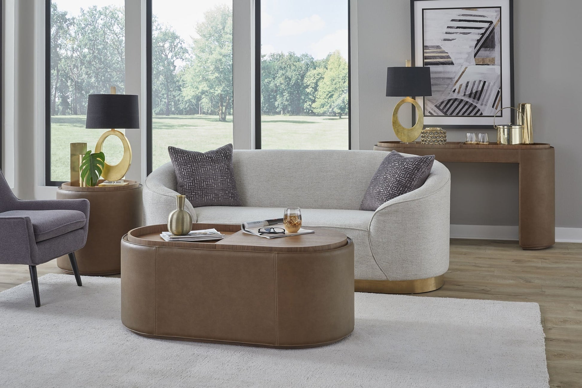 Yeal Sahara Leather Upholstered Storage Console Table with Wooden Tray Top - Ornate Home