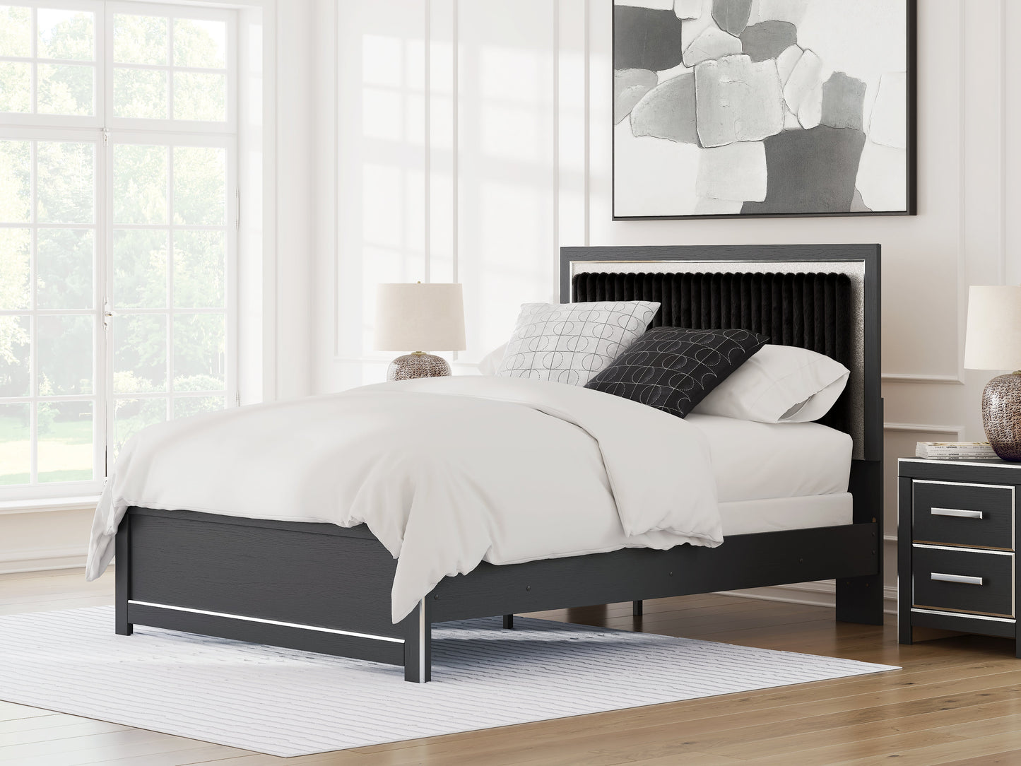 Zuraleus Black Queen Upholstered Panel Bed- Viva Furn
