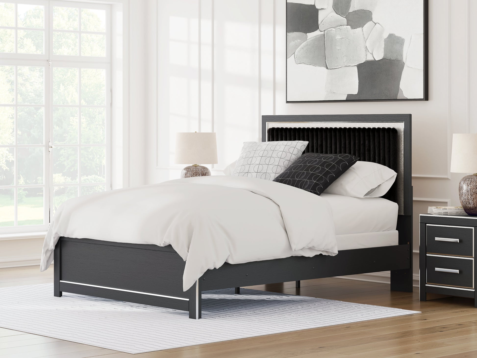 Zuraleus Black Queen Upholstered Panel Bed- Viva Furn