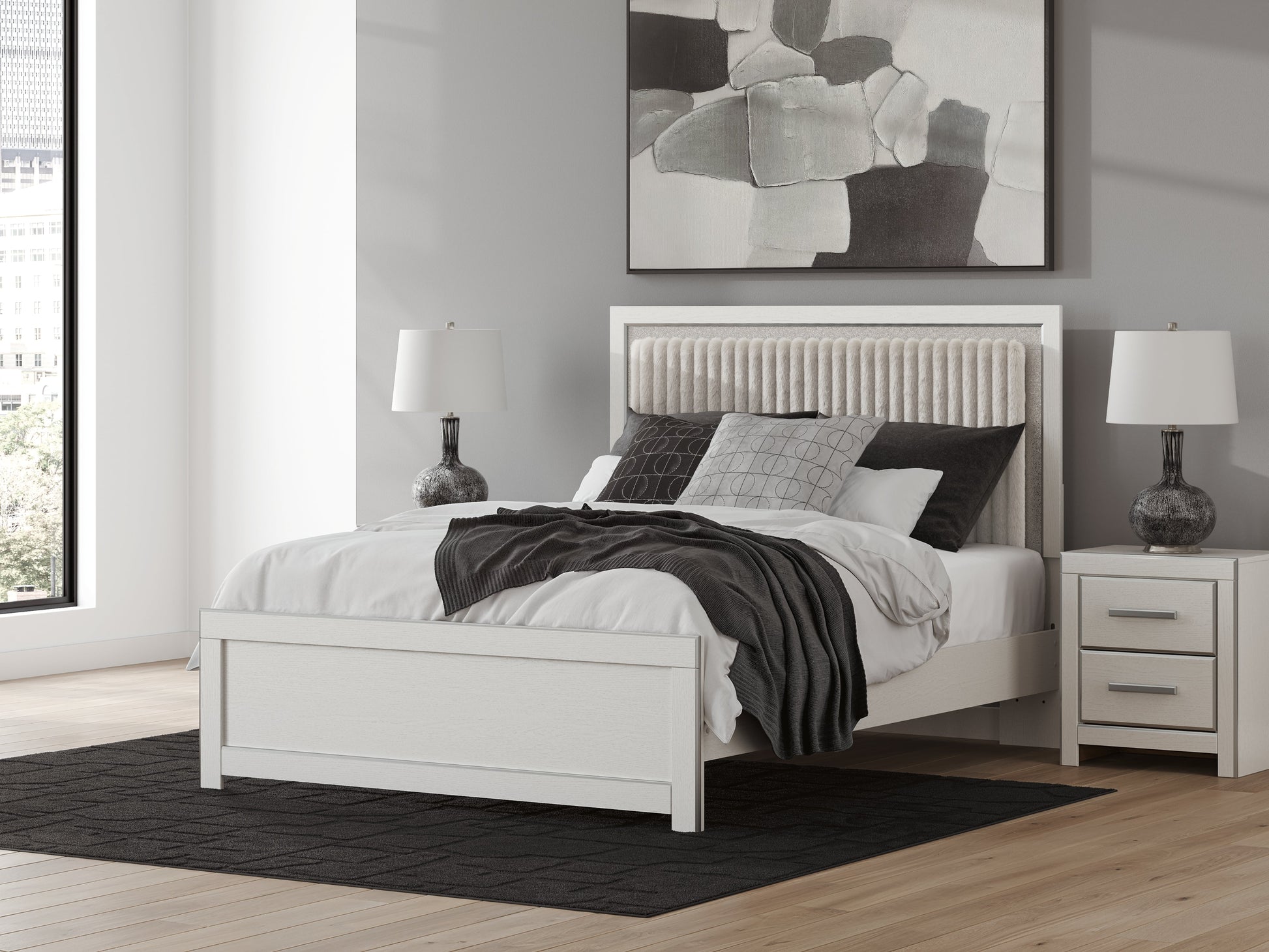 Zuraleus White Queen Upholstered Panel Platform Bed- Viva Furn