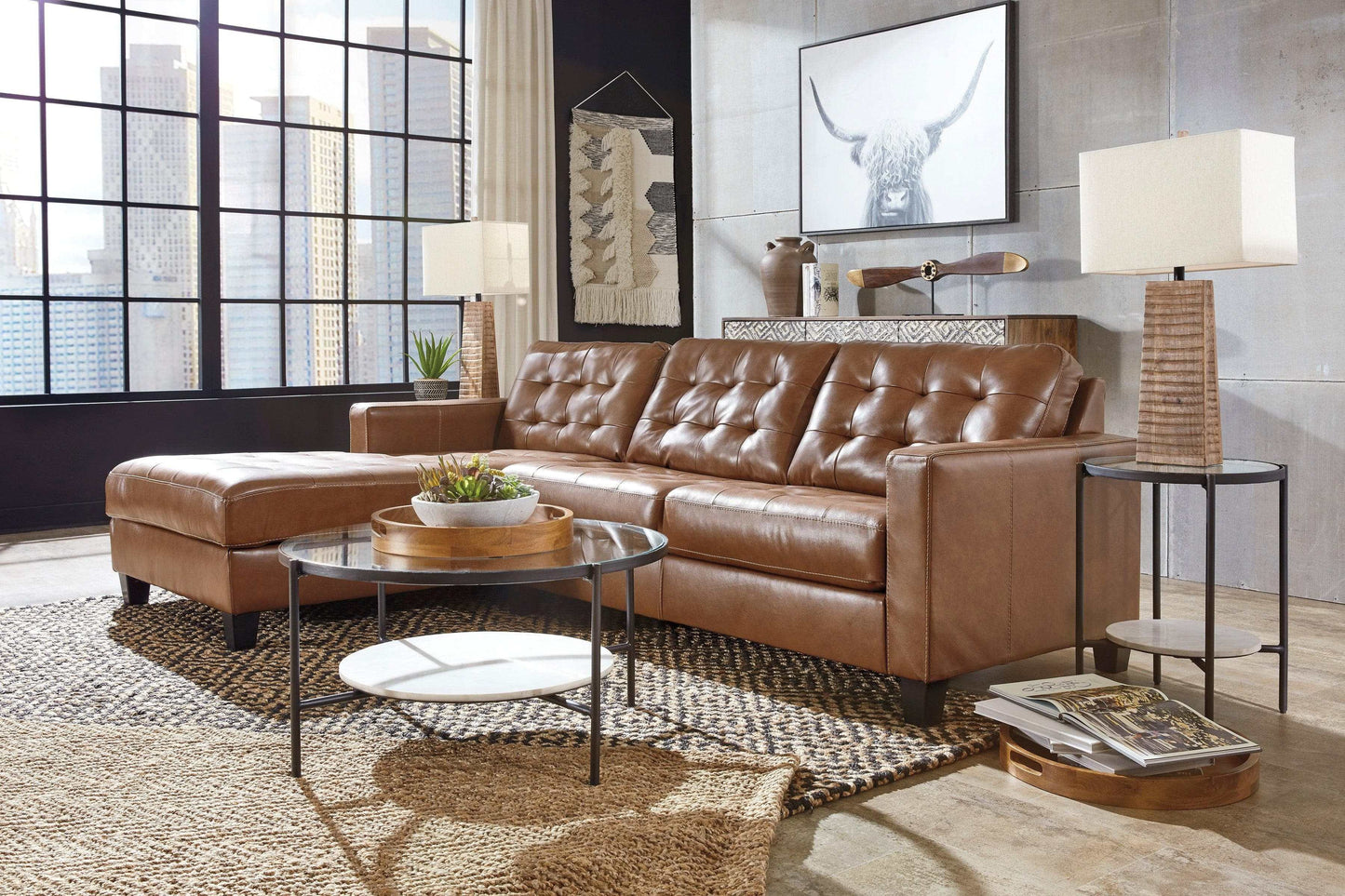 Baskove Auburn Leather Match 2pc Sectional w/ Chaise