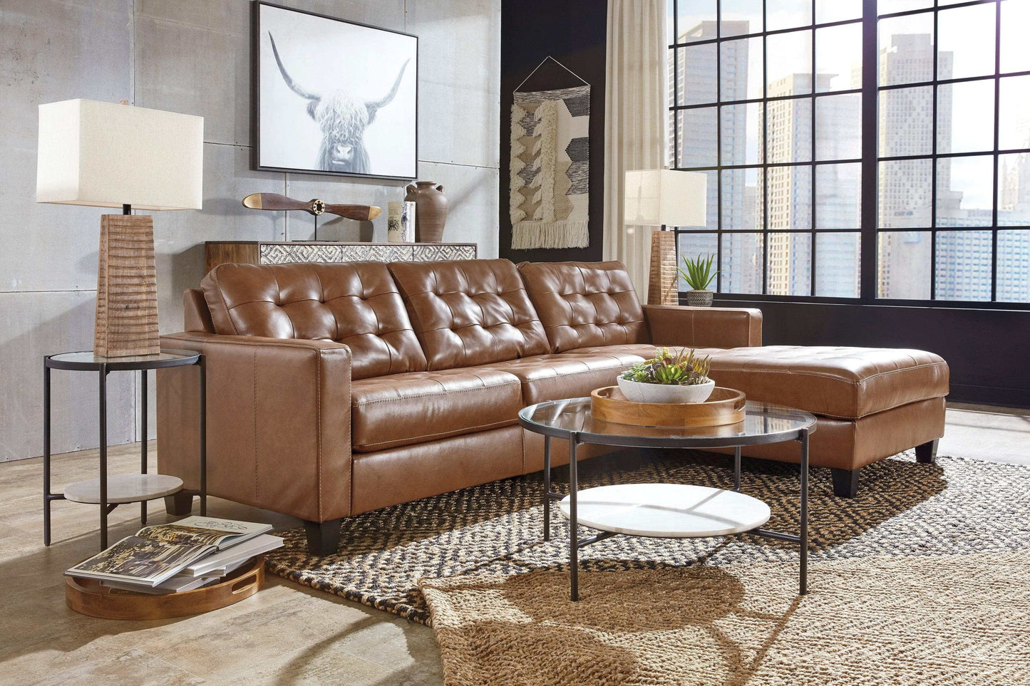 Baskove Auburn Leather Match 2pc Sectional w/ Chaise