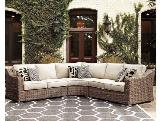 Beachcroft Beige 3pc L Shape Outdoor Sofa Set w/ Cushion