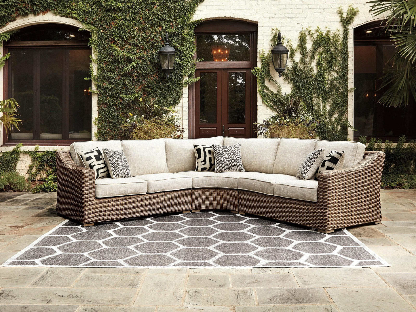 Beachcroft Beige 3pc L Shape Outdoor Sofa Set w/ Cushion