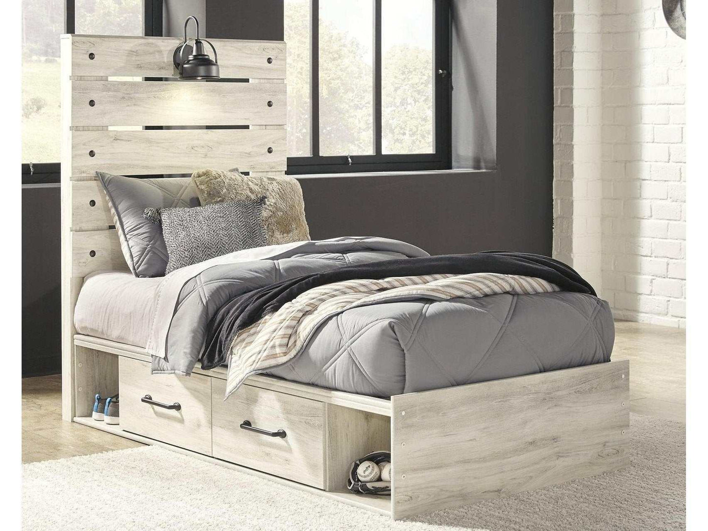 Cambeck Whitewash Twin Panel Bedroom Set w/ 4 Storage Drawers