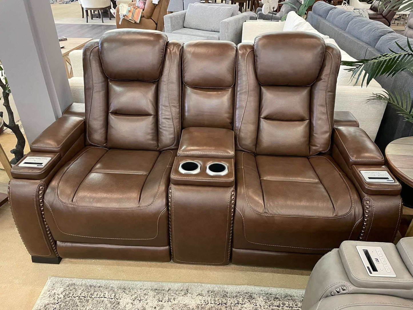 The Man-Den Mahogany Power Reclining Loveseat w/ Console