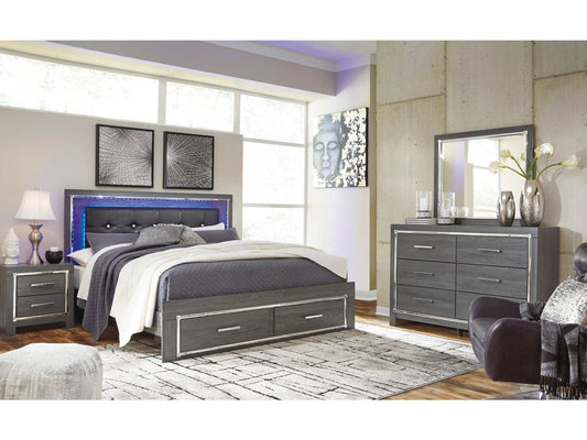 Lodanna Gray King Panel Bed w/ LED & Storage FB Bedroom Set / 4pc