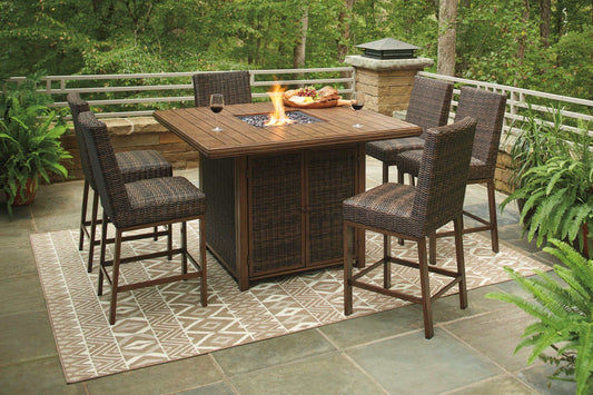 Paradise Trail Outdoor Bar Table w/ Firepit & 6 Bar Stools / 7pc Set