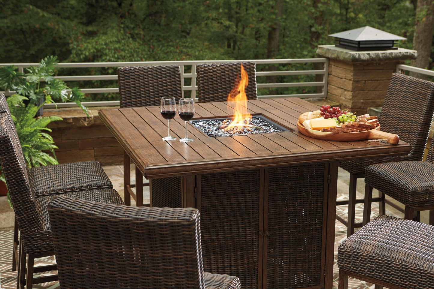 Paradise Trail Outdoor Bar Table w/ Firepit & 6 Bar Stools / 7pc Set