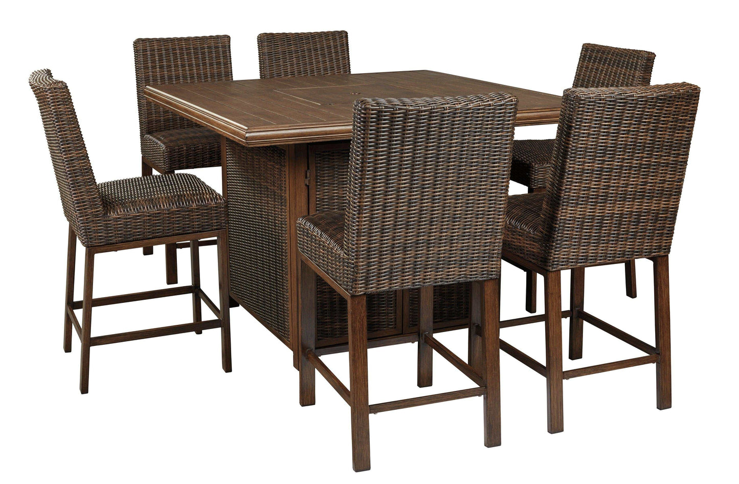 Paradise Trail Outdoor Bar Table w/ Firepit & 6 Bar Stools / 7pc Set