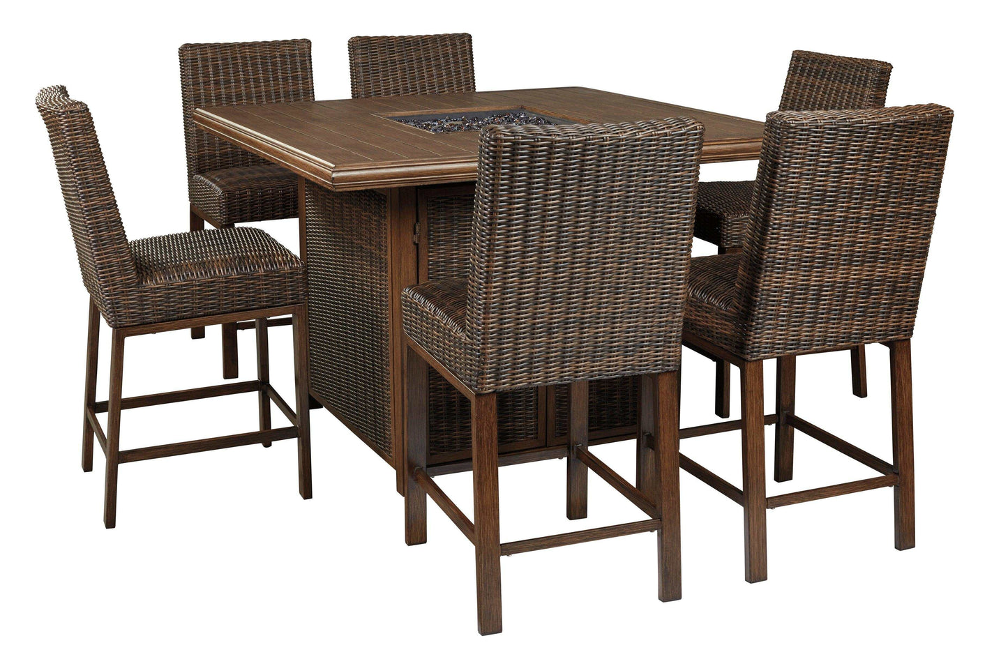 Paradise Trail Outdoor Bar Table w/ Firepit & 6 Bar Stools / 7pc Set