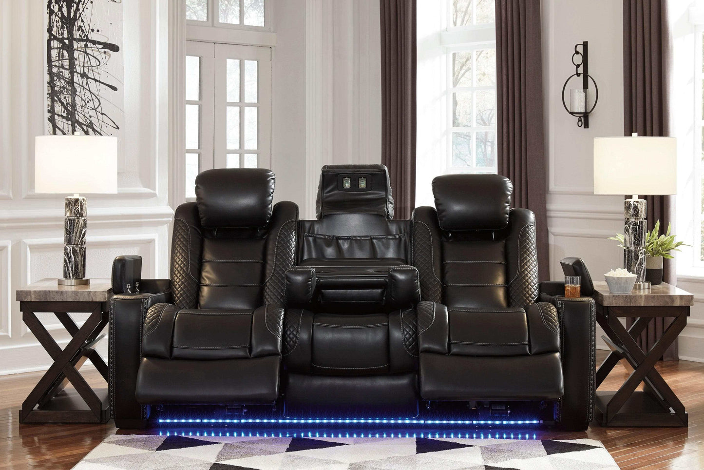 Party Time Midnight Power Reclining Sofa w/LED & Drop Down Table