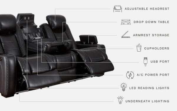 Party Time Midnight Power Reclining Sofa w/LED & Drop Down Table