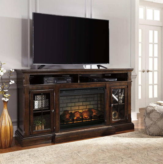 Roddinton Dark Brown 72" TV Stand w/ Electric Fireplace Insert