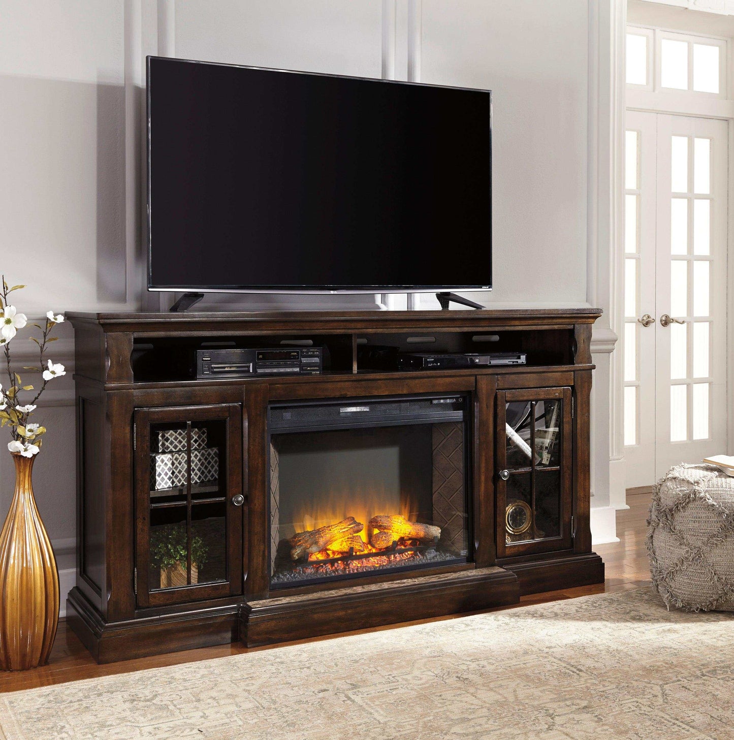 Roddinton Dark Brown 72" TV Stand w/ Electric Fireplace Insert