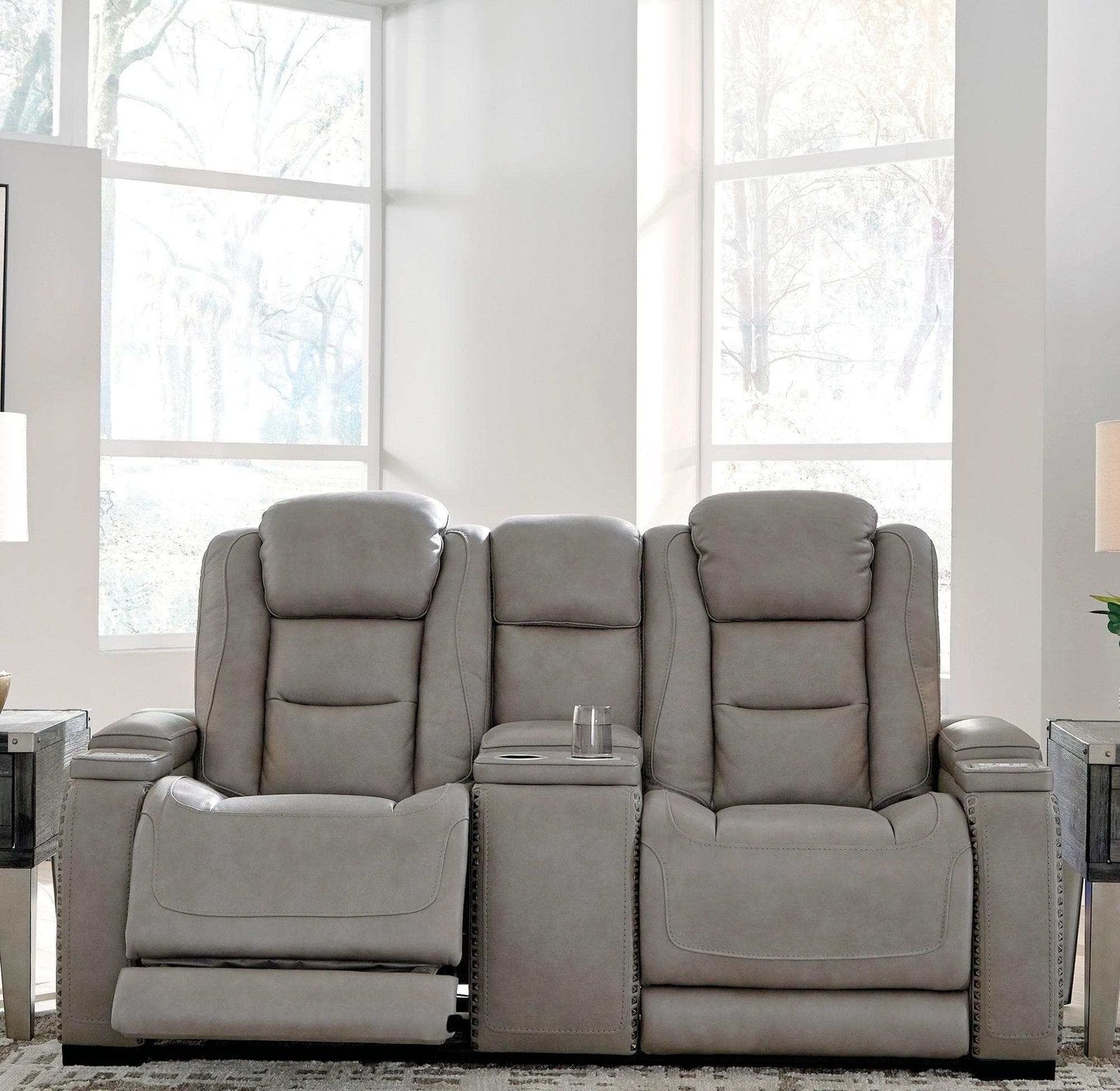 The Man-Den Gray Power Reclining Loveseat w/ Console