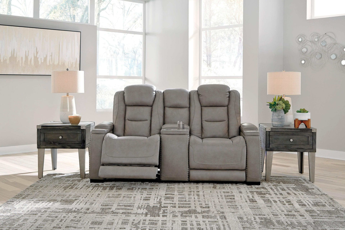 The Man-Den Gray Power Reclining Loveseat w/ Console