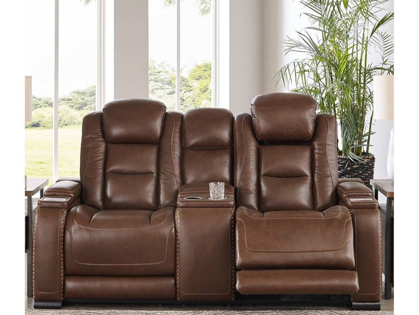 The Man-Den Mahogany Power Reclining Loveseat w/ Console