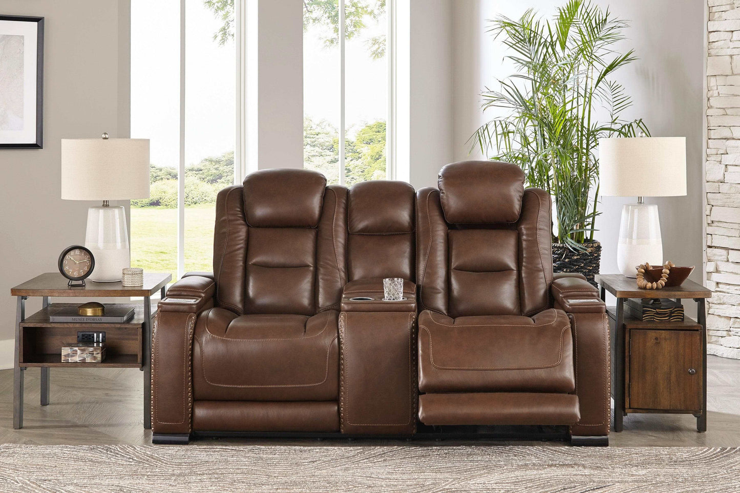 The Man-Den Mahogany Power Reclining Loveseat w/ Console