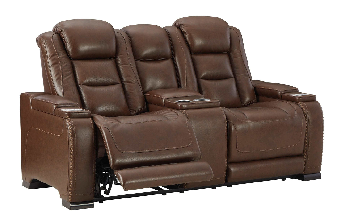 The Man-Den Mahogany Power Reclining Loveseat w/ Console