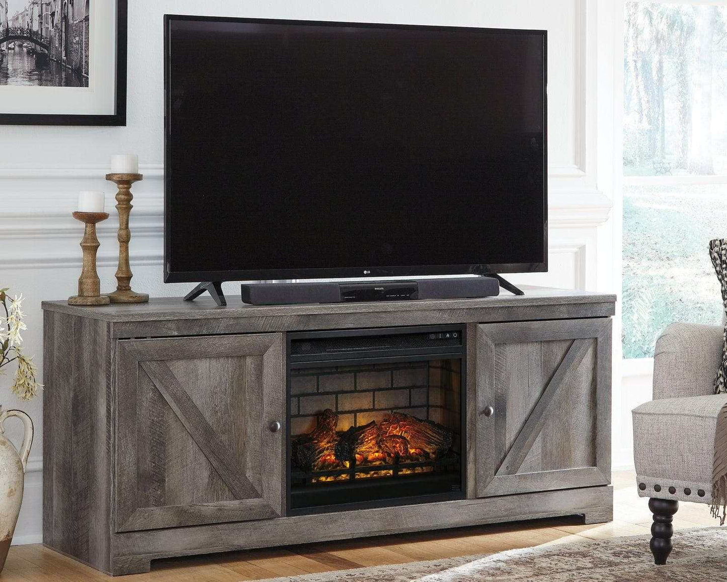 Wynnlow Gray 63" TV Stand w/ Electric Fireplace Insert