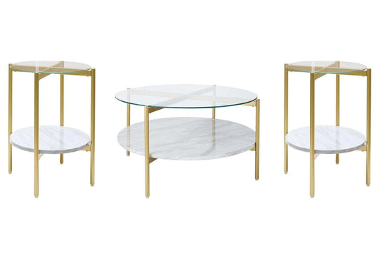 Wynora White & Gold Round Occasional Table Set / 3pc